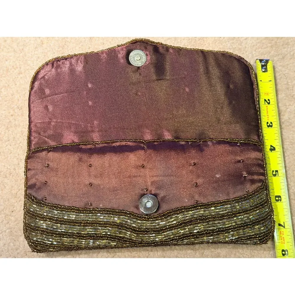Vintage Beaded Clutch Purse Gold Bronze Paisley Evening Bag Flap Magnetic Snap